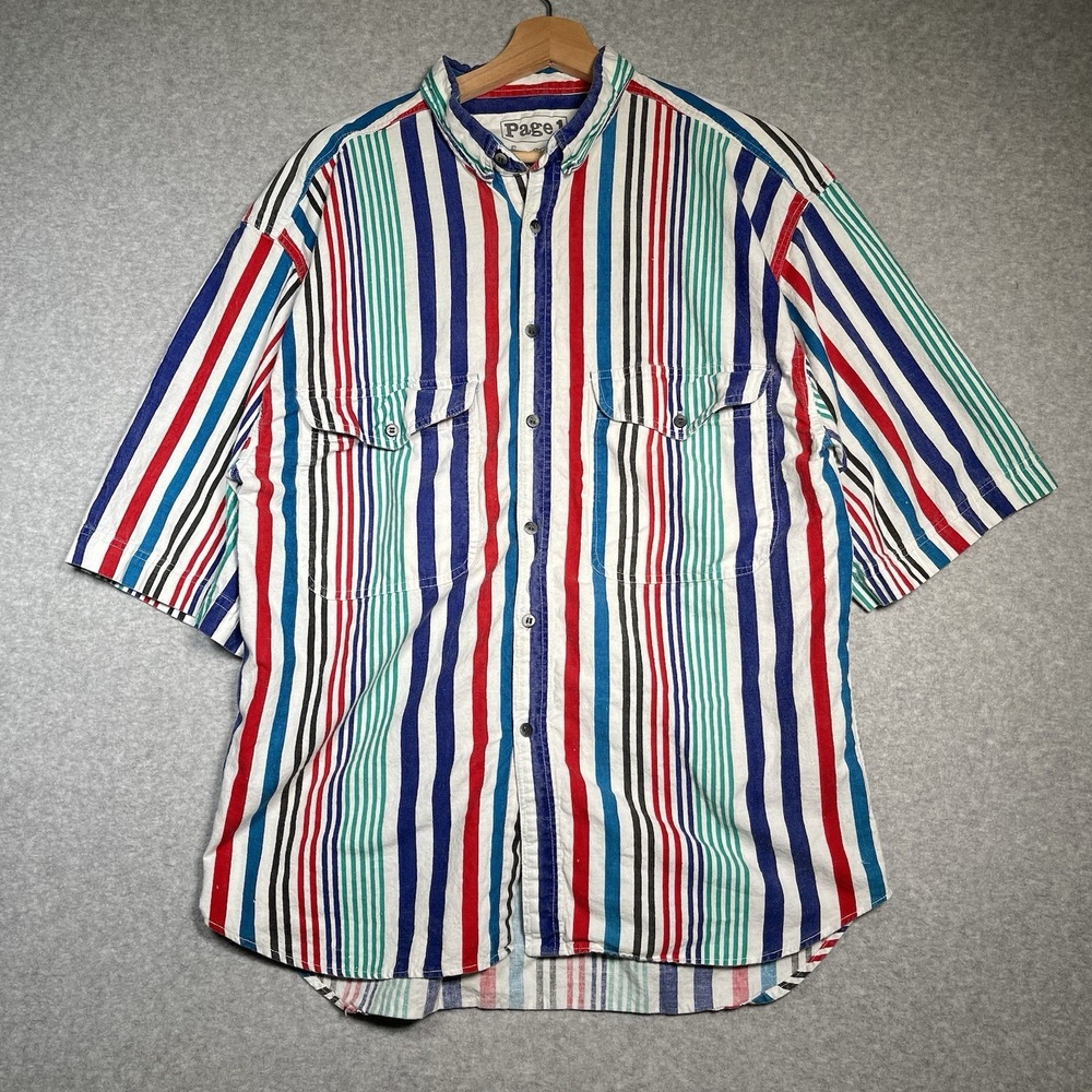VTG Page 1‎ Stripe Shirt L White Red Blue Green Vertical 2 Pocket Cotton Casual